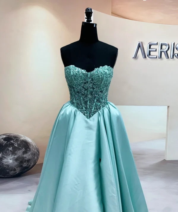 Close-up of new embroidery and sequin bodice on aqua Mikado ballgown (1)