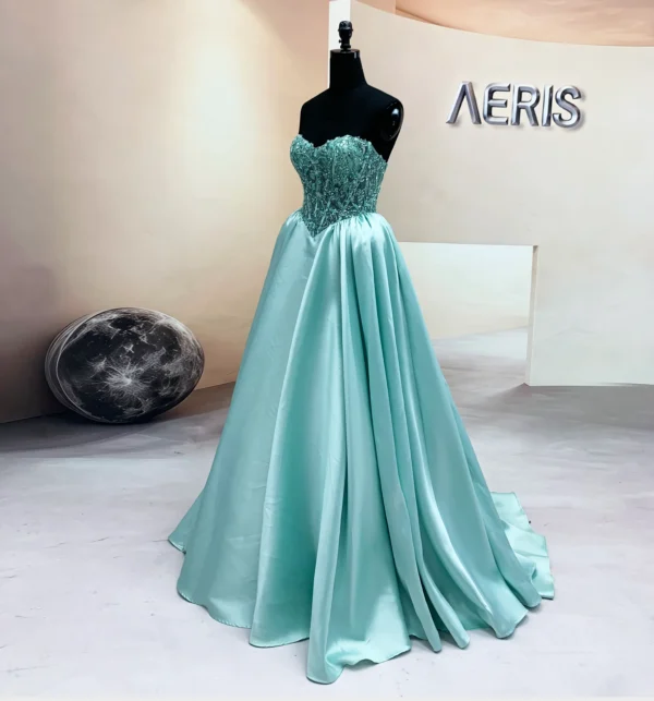 Close-up of new embroidery and sequin bodice on aqua Mikado ballgown (2)