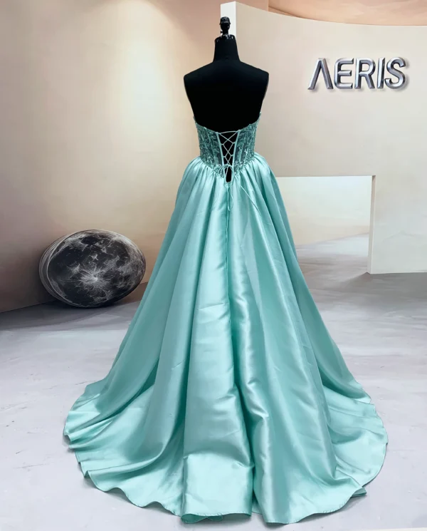 Close-up of new embroidery and sequin bodice on aqua Mikado ballgown (3)