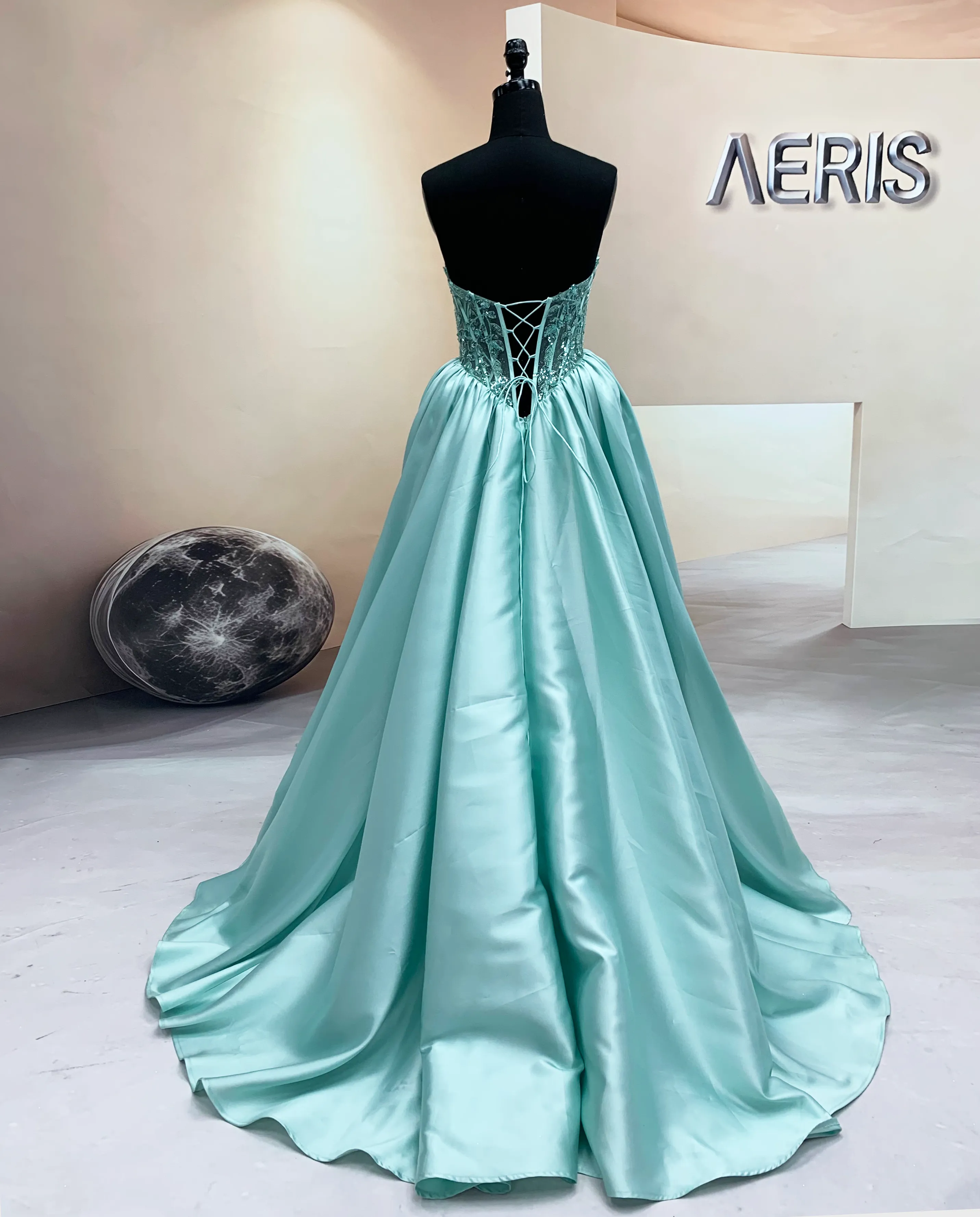 Close-up of new embroidery and sequin bodice on aqua Mikado ballgown (3)