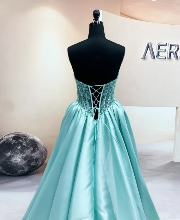Close-up of new embroidery and sequin bodice on aqua Mikado ballgown (4)