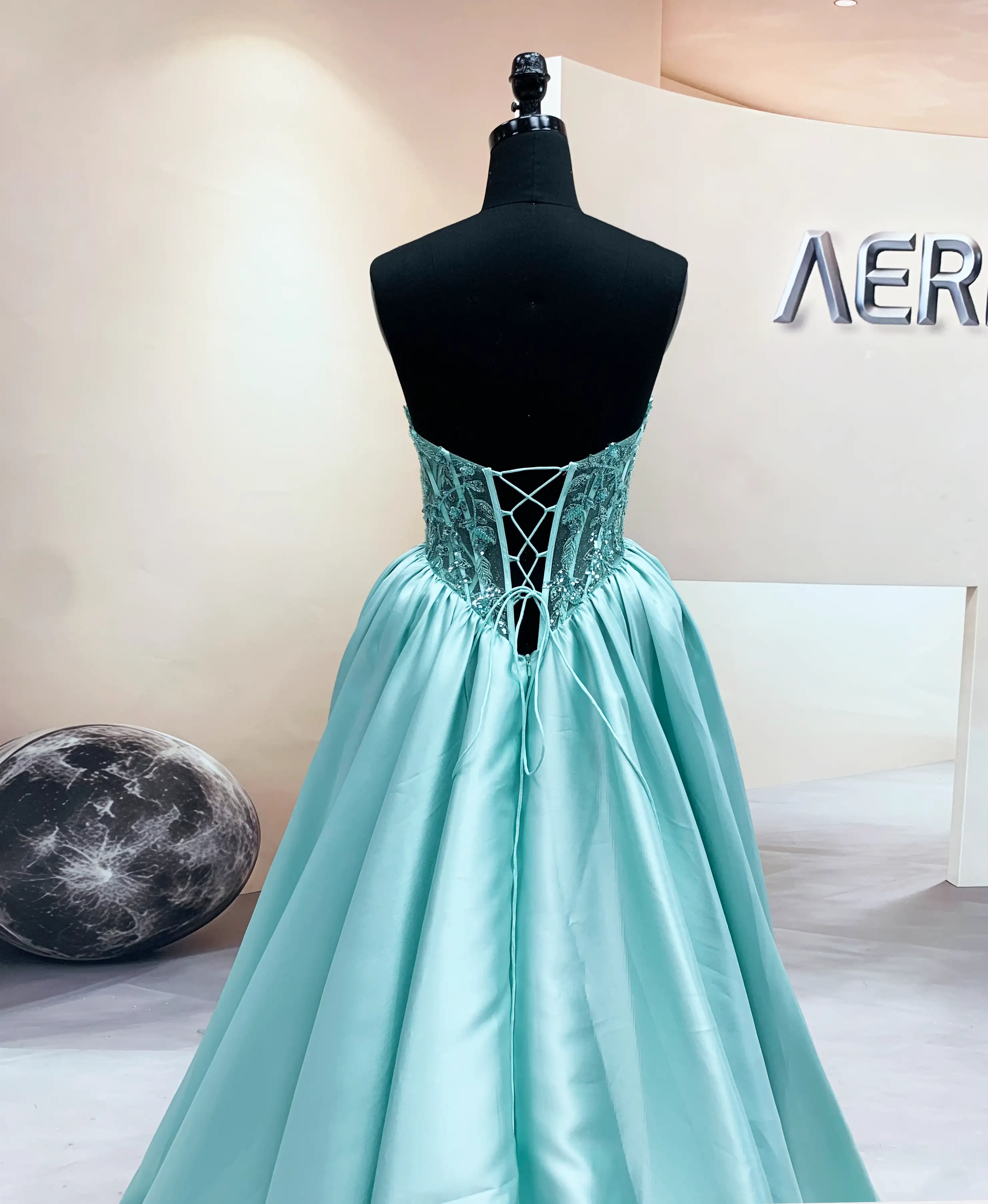 Close-up of new embroidery and sequin bodice on aqua Mikado ballgown (4)
