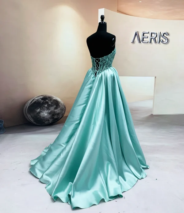 Close-up of new embroidery and sequin bodice on aqua Mikado ballgown (5)