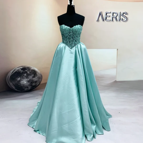 Front view of Aqua Mikado Prom Dress with Embroidered Sweetheart Corset