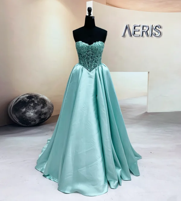 Front view of Aqua Mikado Prom Dress with Embroidered Sweetheart Corset