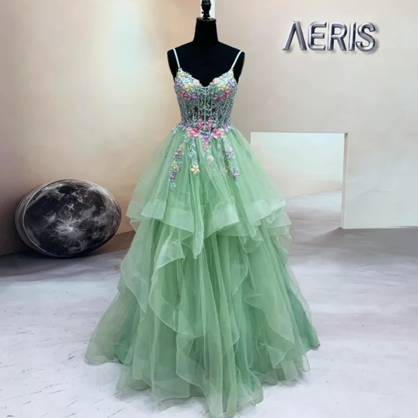 Mint Green Tulle Ruffle Prom Dress with Colorful Floral Embroidery