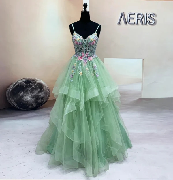 Mint Green Tulle Ruffle Prom Dress with Colorful Floral Embroidery