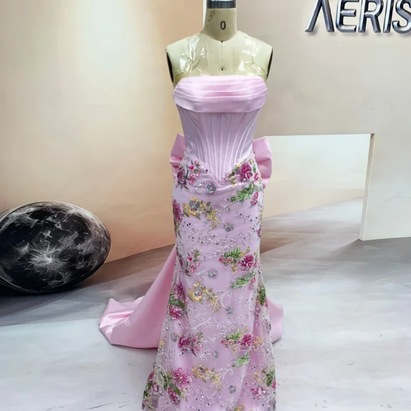 Pink Satin Floral Embroidered Prom Dress with Pleated Corset