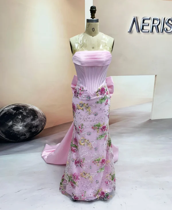 Pink Satin Floral Embroidered Prom Dress with Pleated Corset