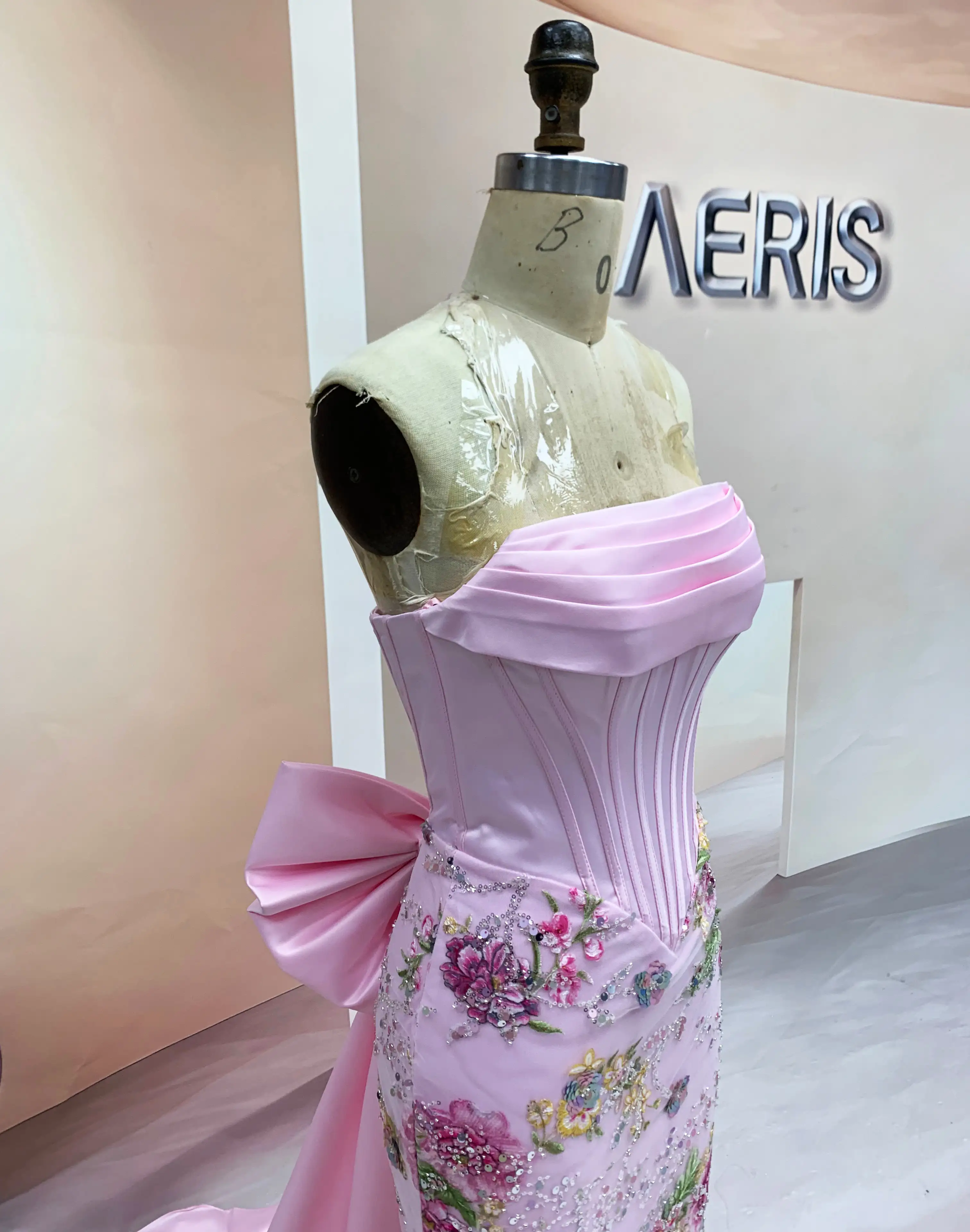 Pink Satin Prom Dress showing Big Bow and Corset Back Detail (1)