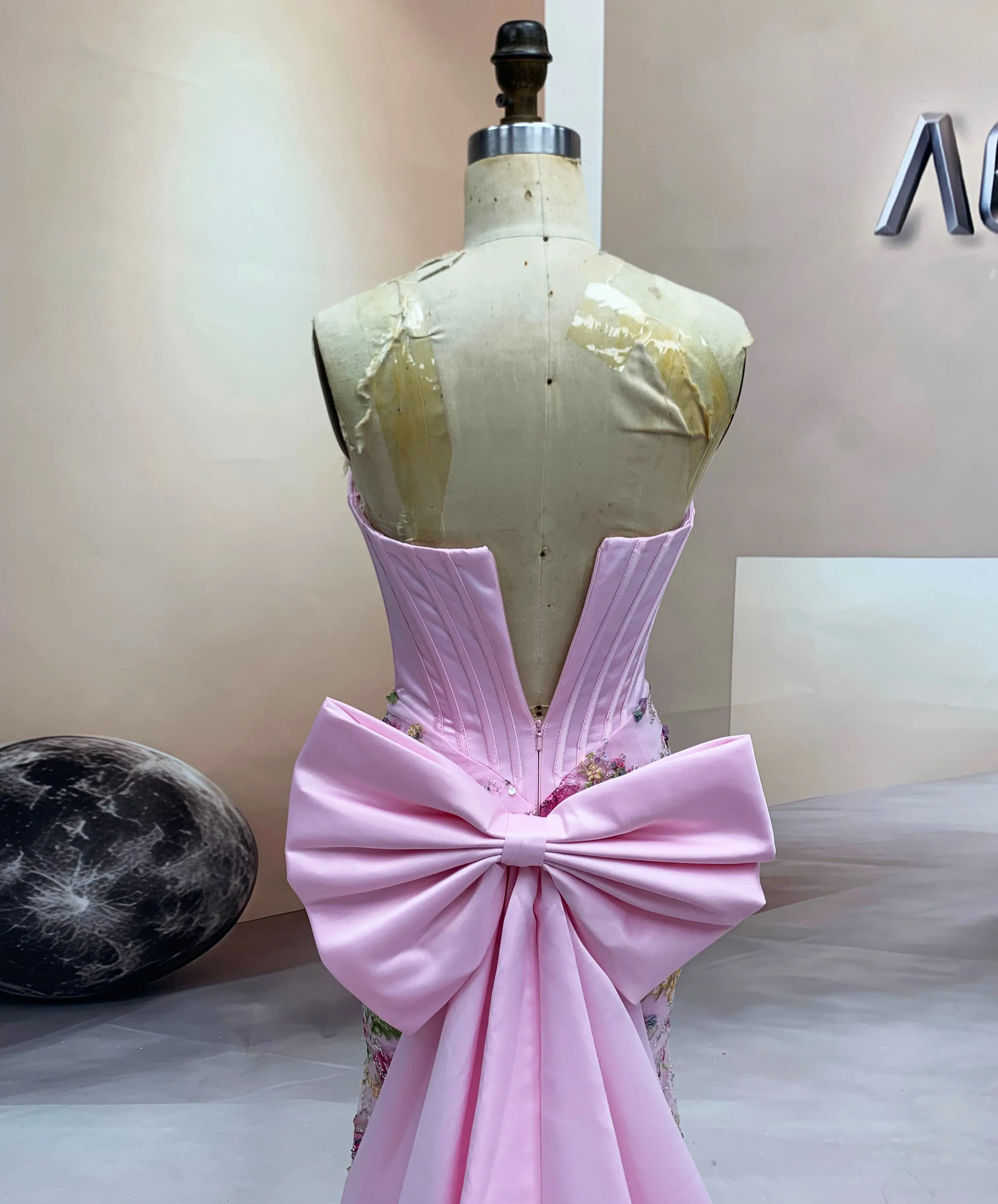 Pink Satin Prom Dress showing Big Bow and Corset Back Detail (2)
