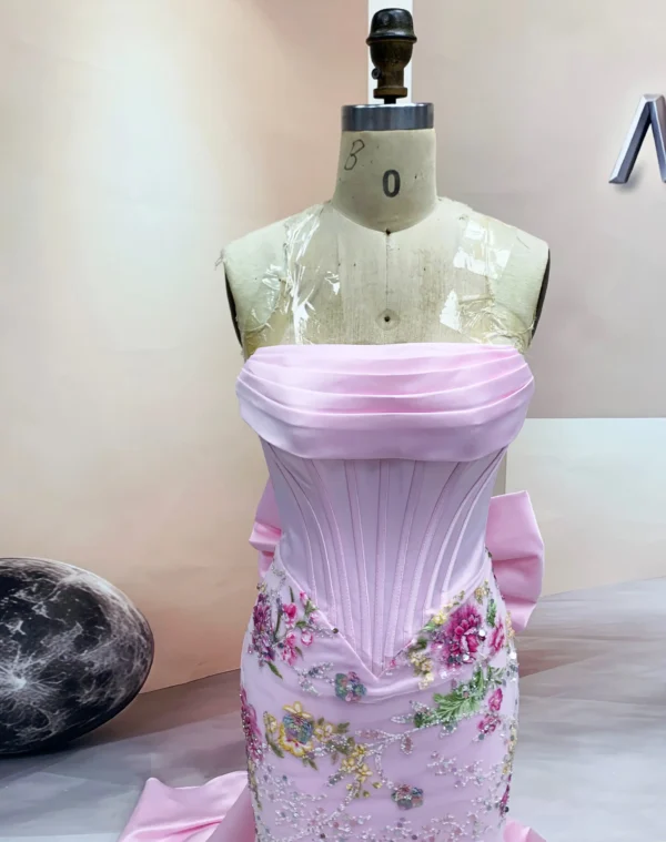 Pink Satin Prom Dress showing Big Bow and Corset Back Detail (3)