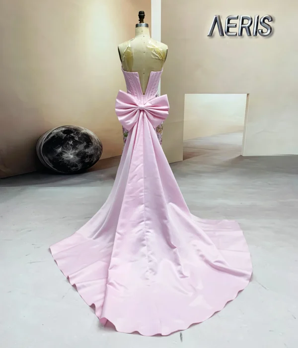 Pink Satin Prom Dress showing Big Bow and Corset Back Detail (4)
