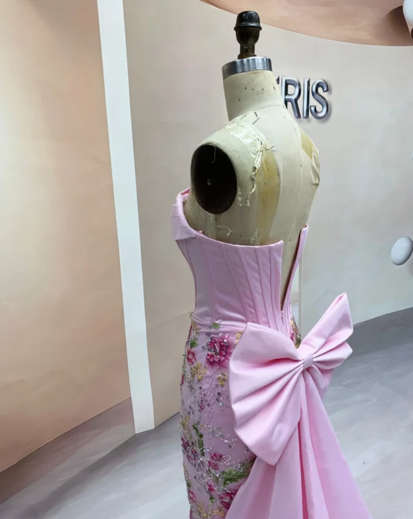 Pink Satin Prom Dress showing Big Bow and Corset Back Detail (5)