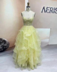 Yellow Pearl Ruffle Skirt Tulle Prom Dress with Beaded Corset