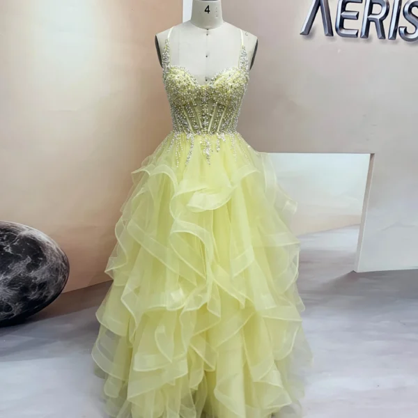 Yellow Pearl Ruffle Skirt Tulle Prom Dress with Beaded Corset