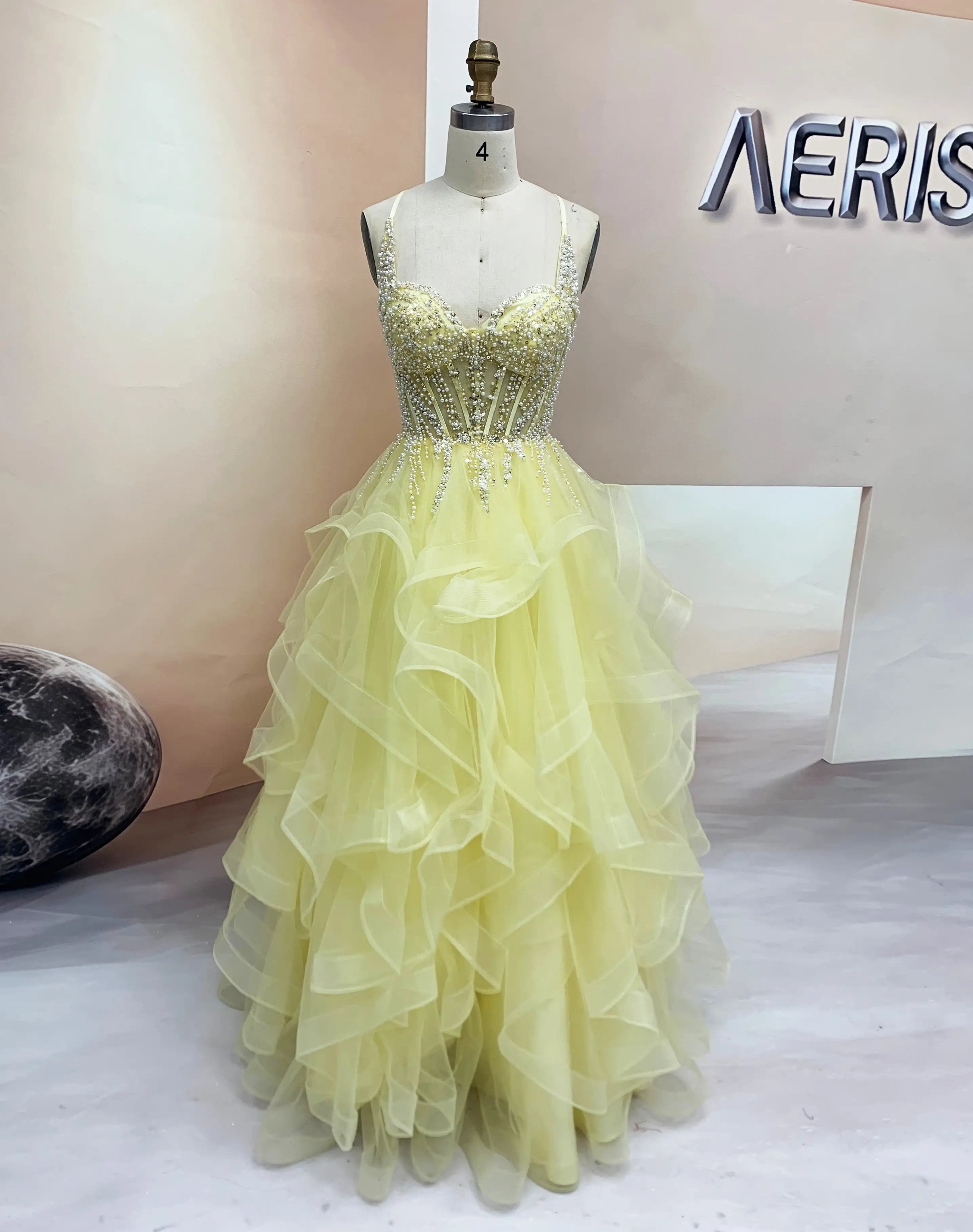 Yellow Pearl Ruffle Skirt Tulle Prom Dress with Beaded Corset