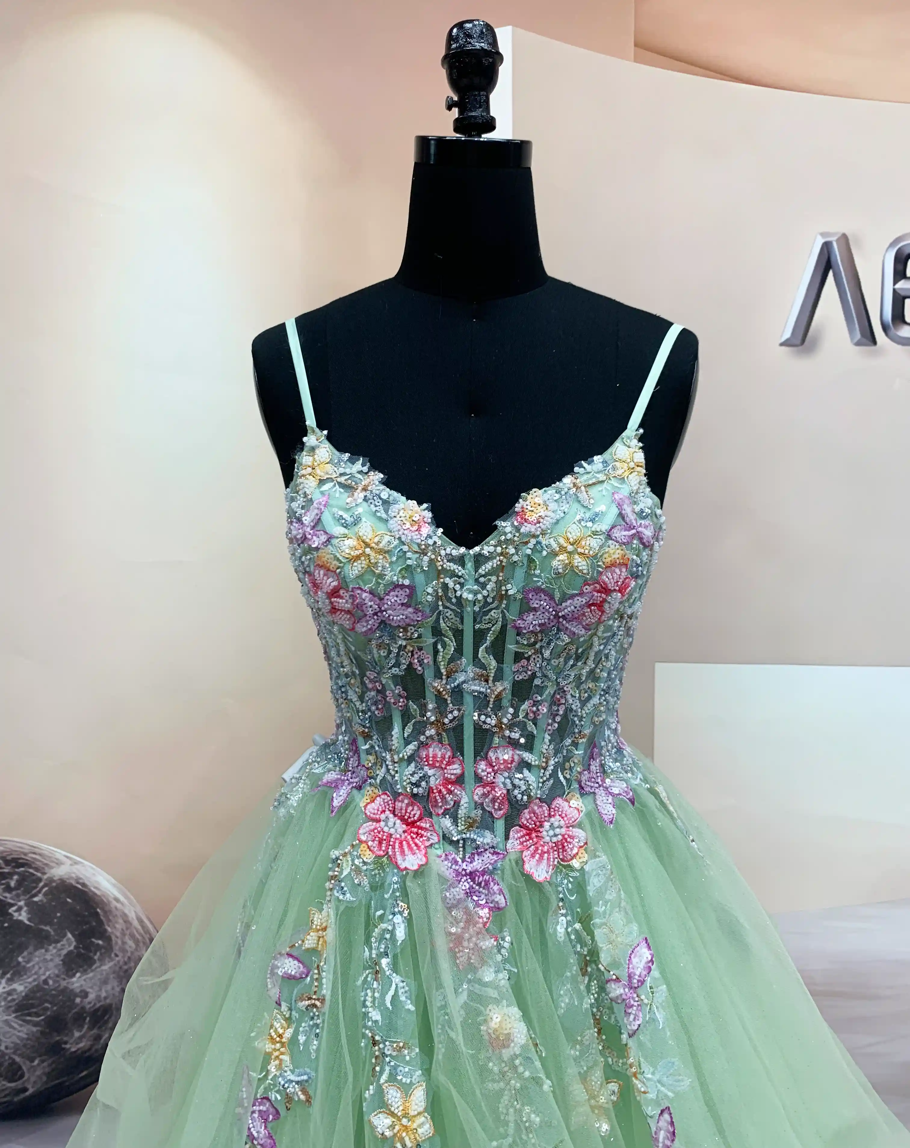 colorful flower embroidery and beaded corset on mint tulle prom gown (1)