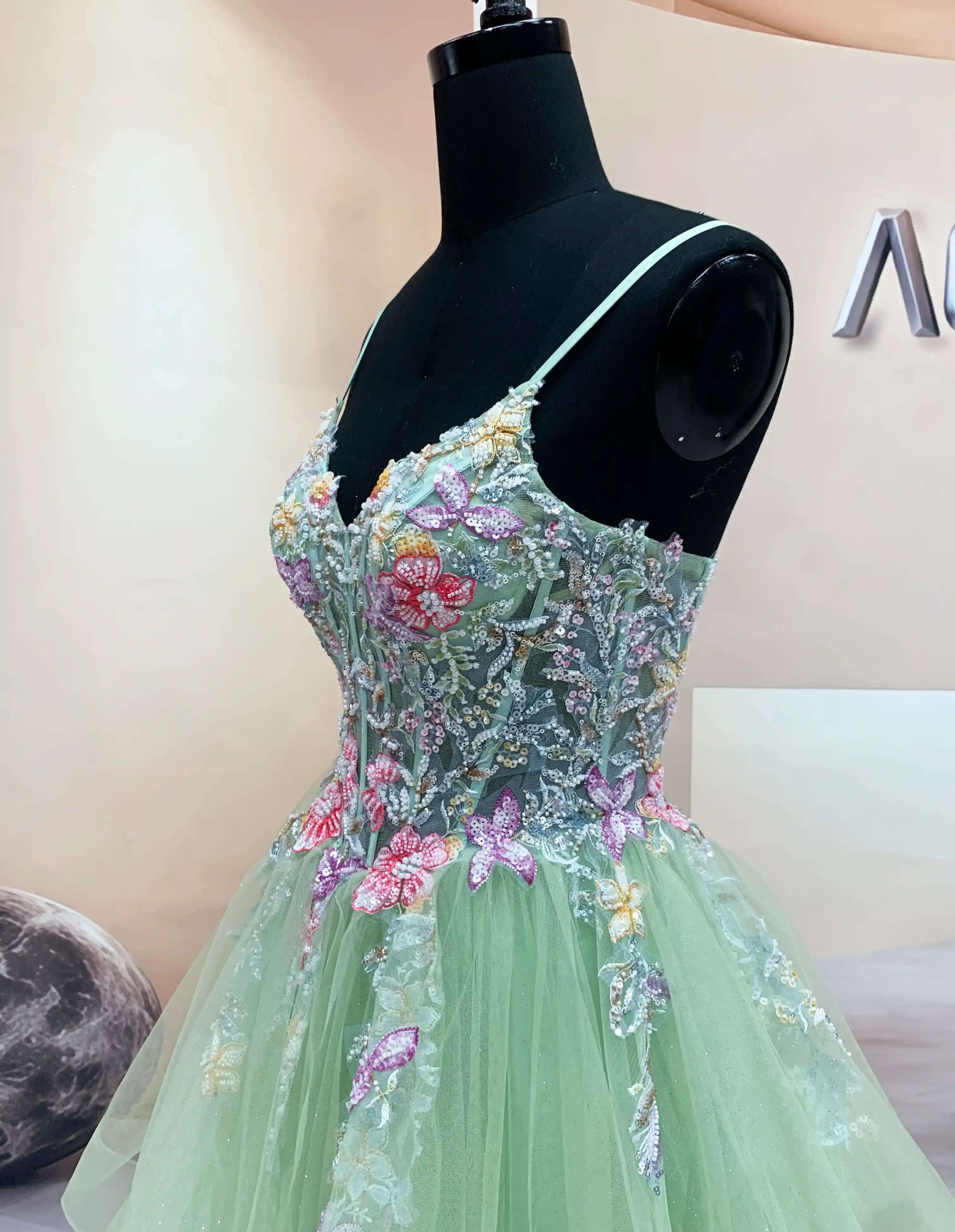colorful flower embroidery and beaded corset on mint tulle prom gown (3)