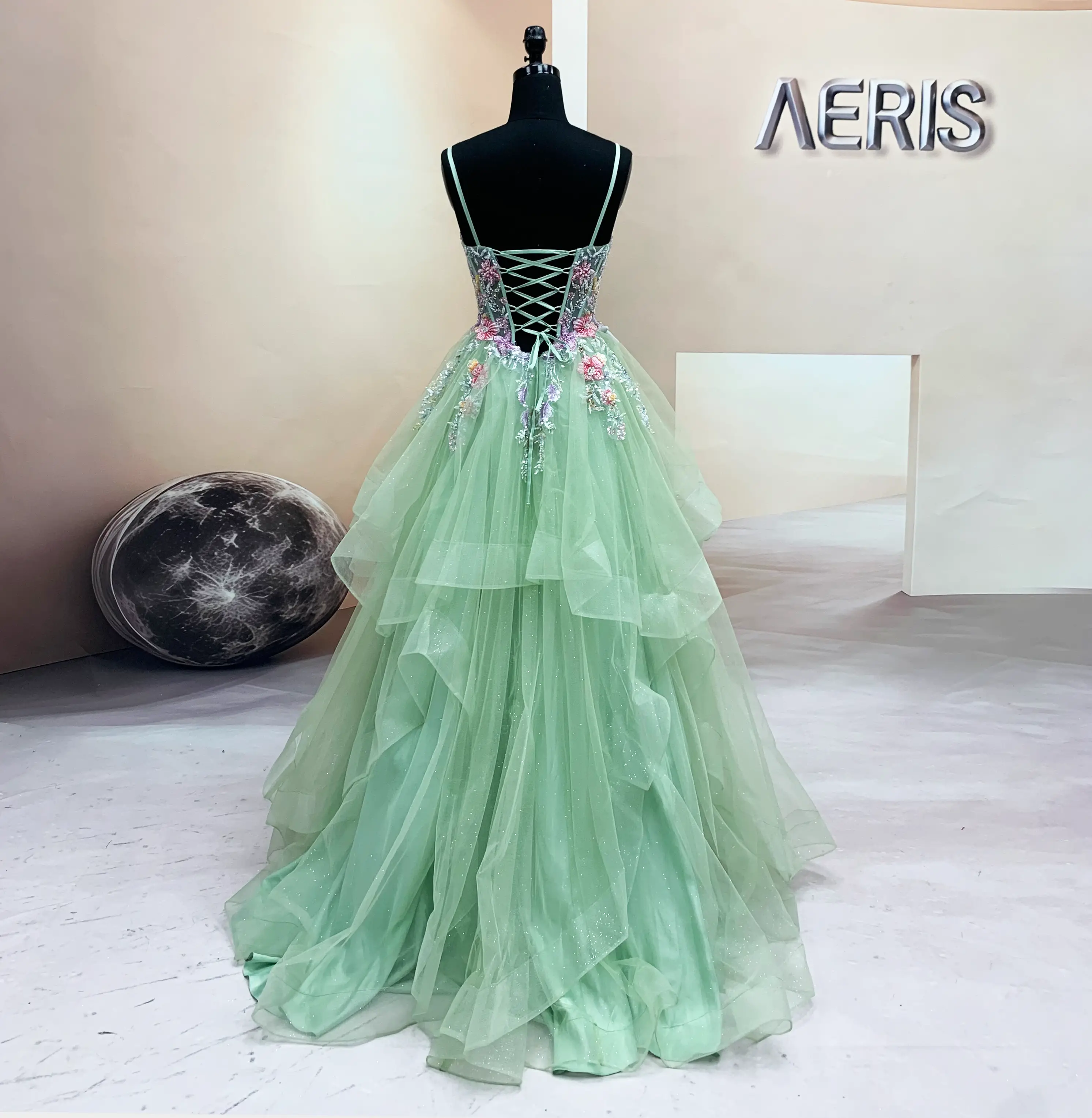 colorful flower embroidery and beaded corset on mint tulle prom gown (4)
