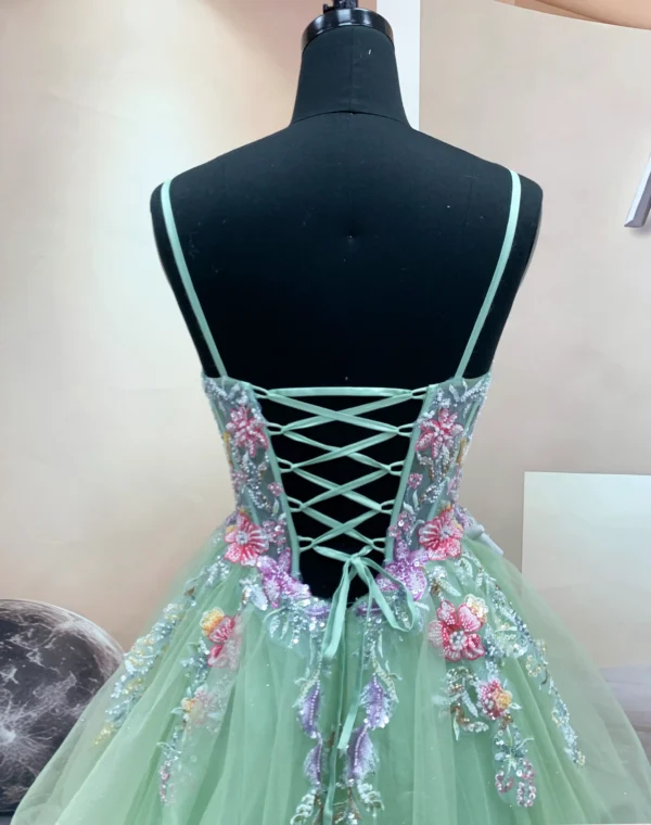 colorful flower embroidery and beaded corset on mint tulle prom gown (5)