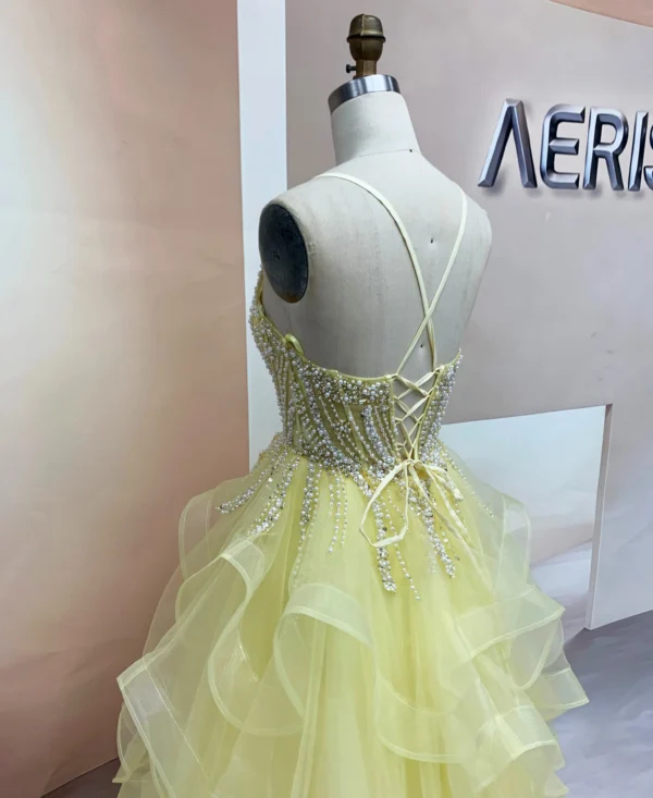 sparkling pearl and crystal bodice on yellow tulle ruffle gown (1)