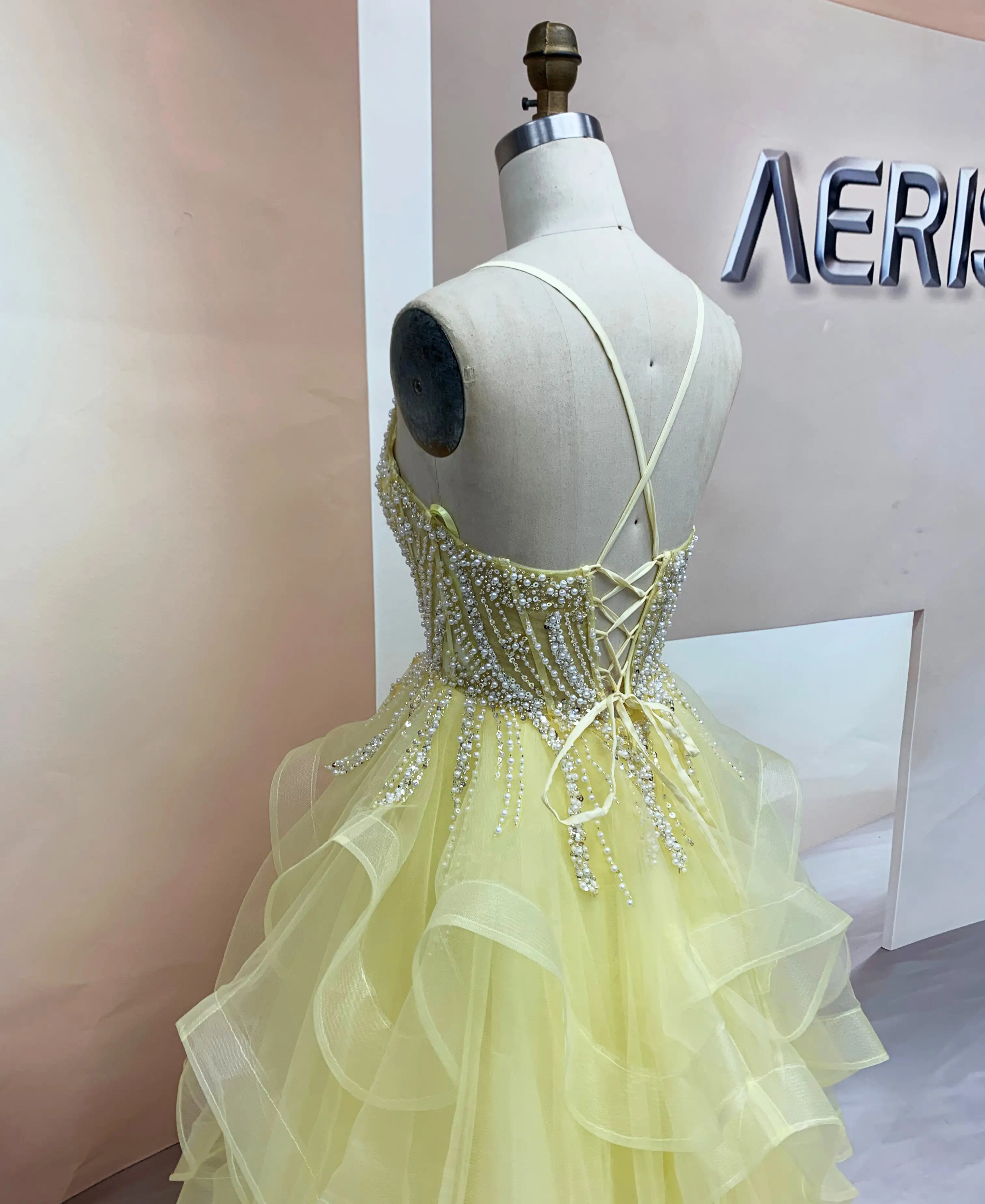 sparkling pearl and crystal bodice on yellow tulle ruffle gown (1)