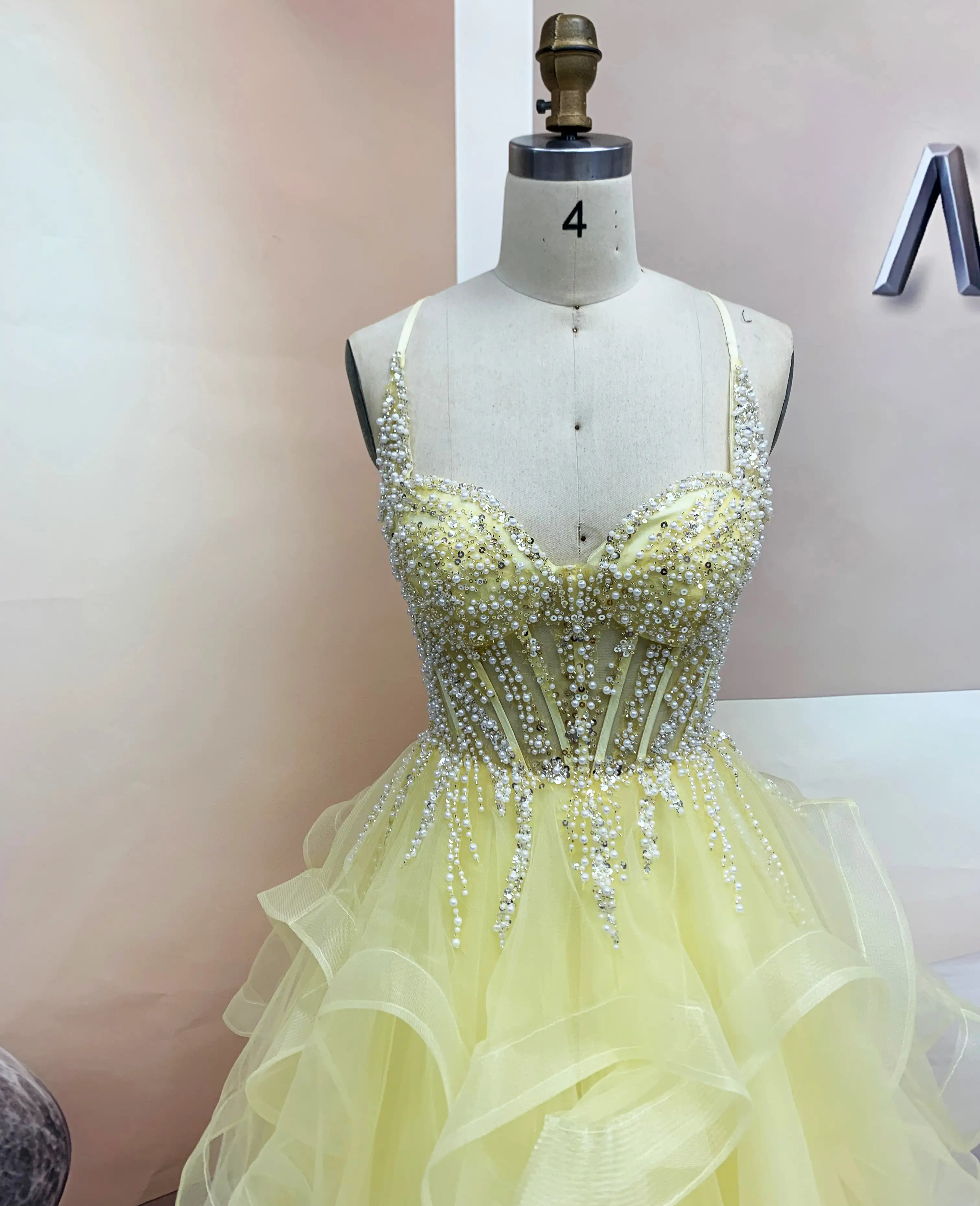sparkling pearl and crystal bodice on yellow tulle ruffle gown (2)