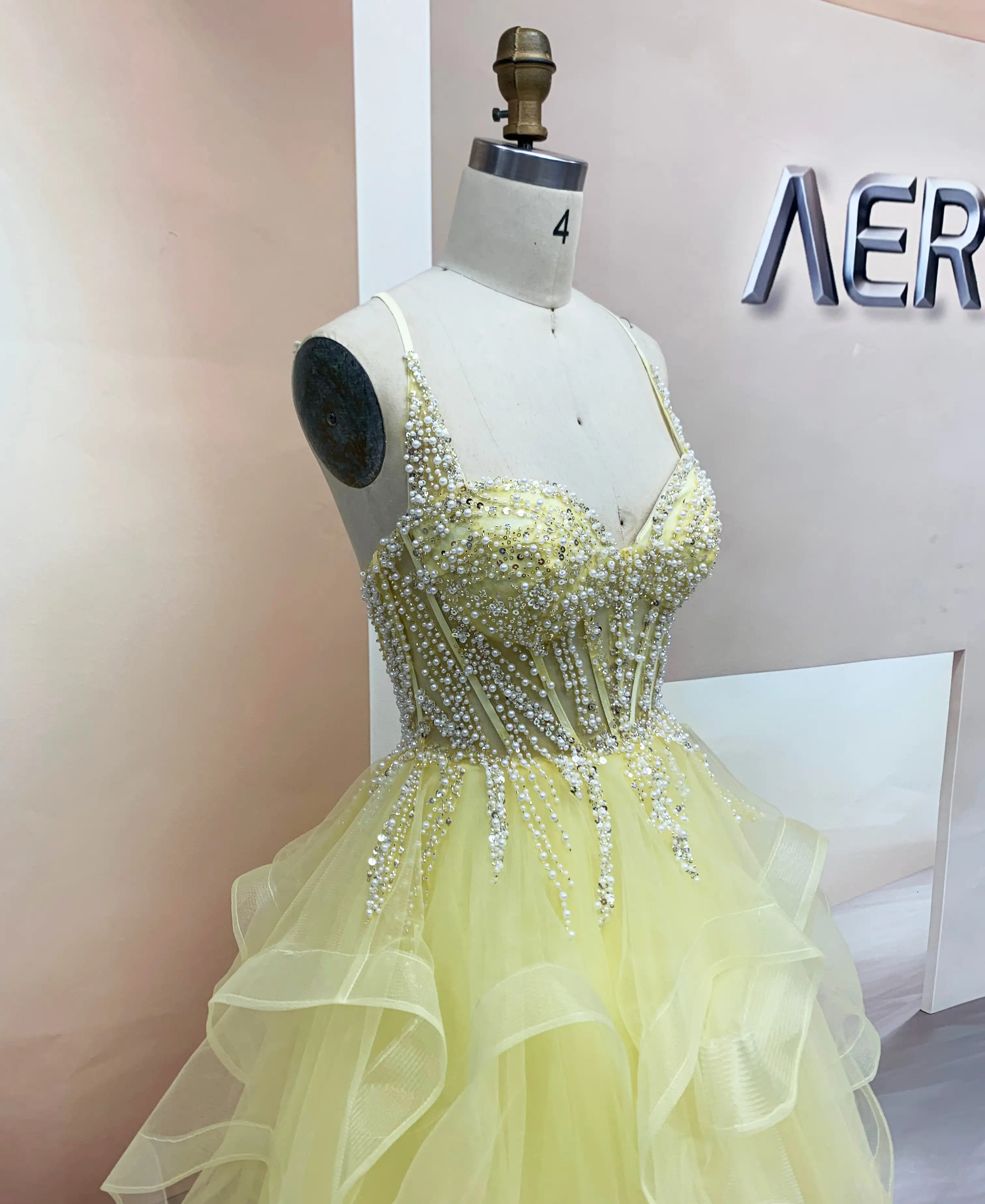 sparkling pearl and crystal bodice on yellow tulle ruffle gown (3)