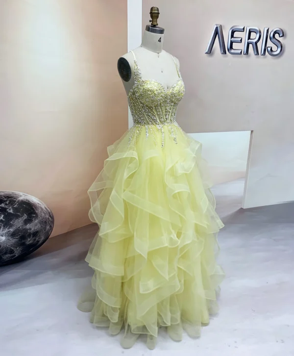 sparkling pearl and crystal bodice on yellow tulle ruffle gown (4)