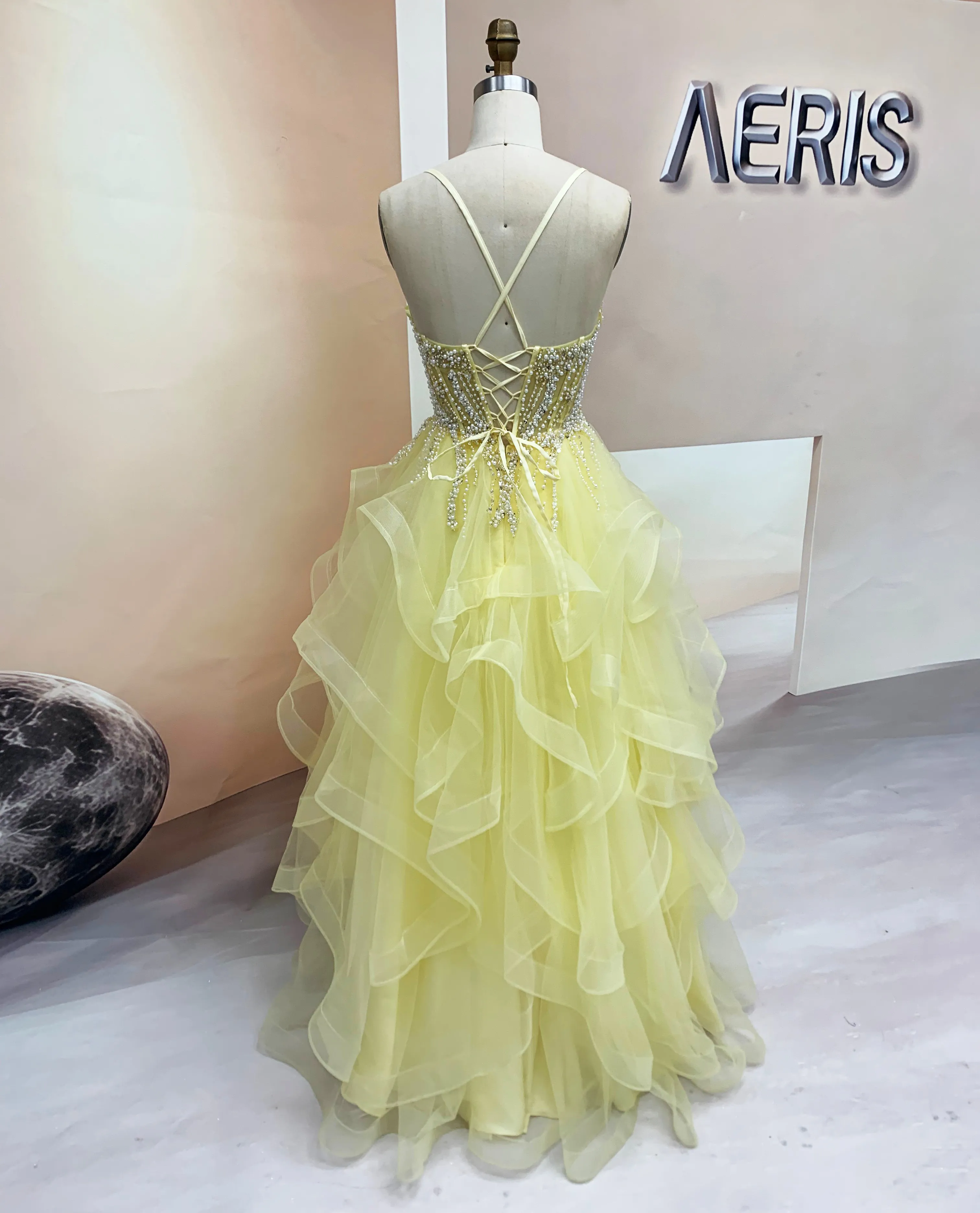 sparkling pearl and crystal bodice on yellow tulle ruffle gown (5)